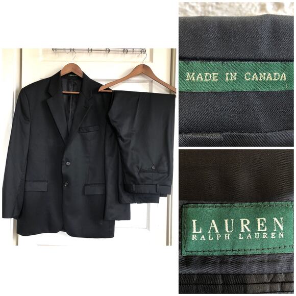 VTG 90s Ralph Lauren Green Label Wool Cashmere Suit 42R Classic Fit Black Canada - Picture 1 of 14
